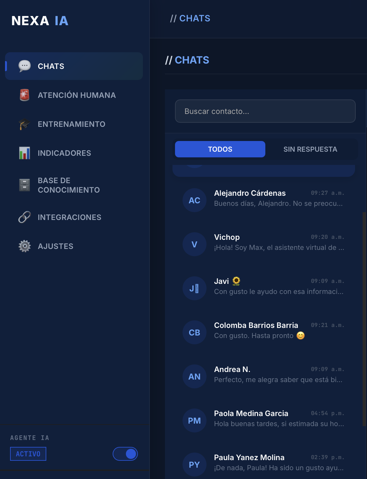 Vista real del dashboard NEXA IA: bandeja de chats de WhatsApp con bot activo, atención humana y control del agente